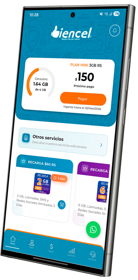 App Biencel mostrando consumo de datos, próximo pago y recargas