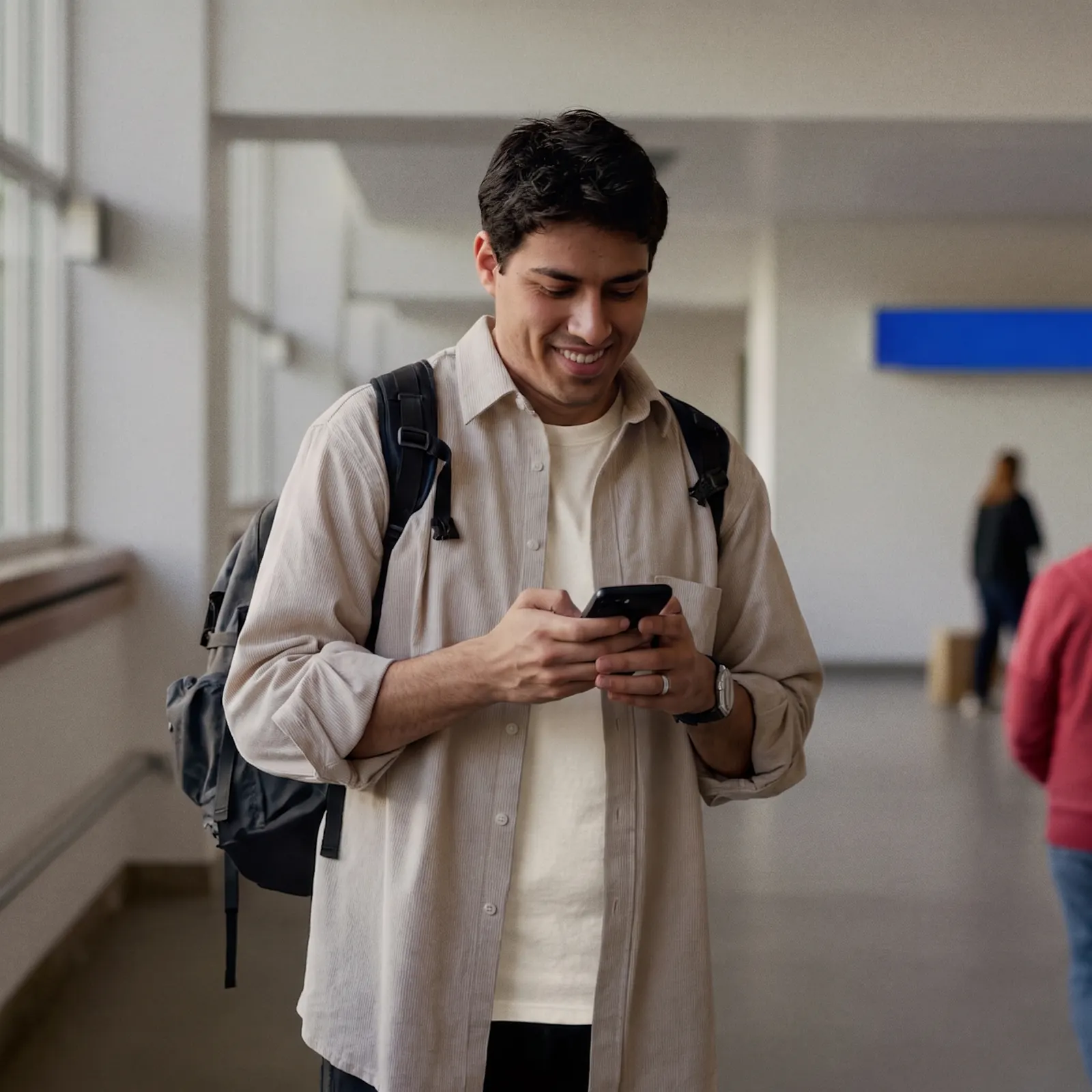 Hombre sonriendo mientras revisa su celular en un aeropuerto